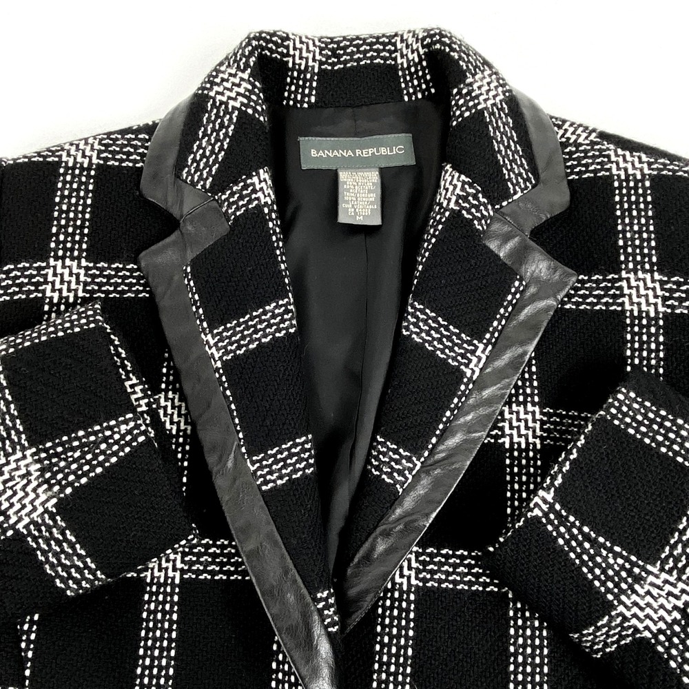 Banana Republic 100% Wool Coat w Gen. Leather Trim Womens M Black/White Overcoat